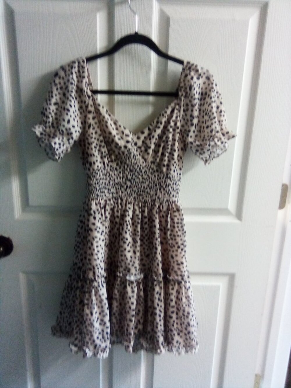 Catonsville Mercantile Ruffled V-Neck Mini Dress. Beige w/ Leopard Print, Small - Picture 2 of 3